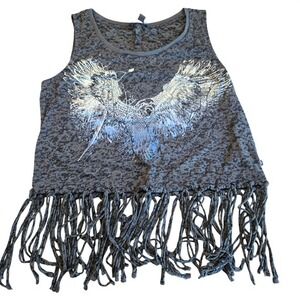 Rock & Republic Gray Fringe Tank Top with Metallic Wing Graphic